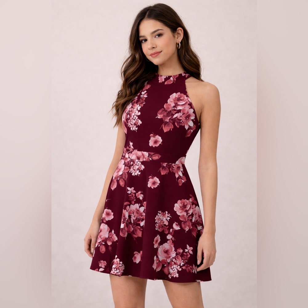 B. Smart Burgundy Floral spring Juniors Dress
